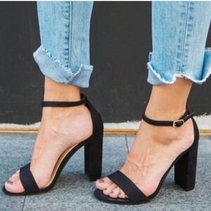 Brash Black Ankle-Strap Block Heels